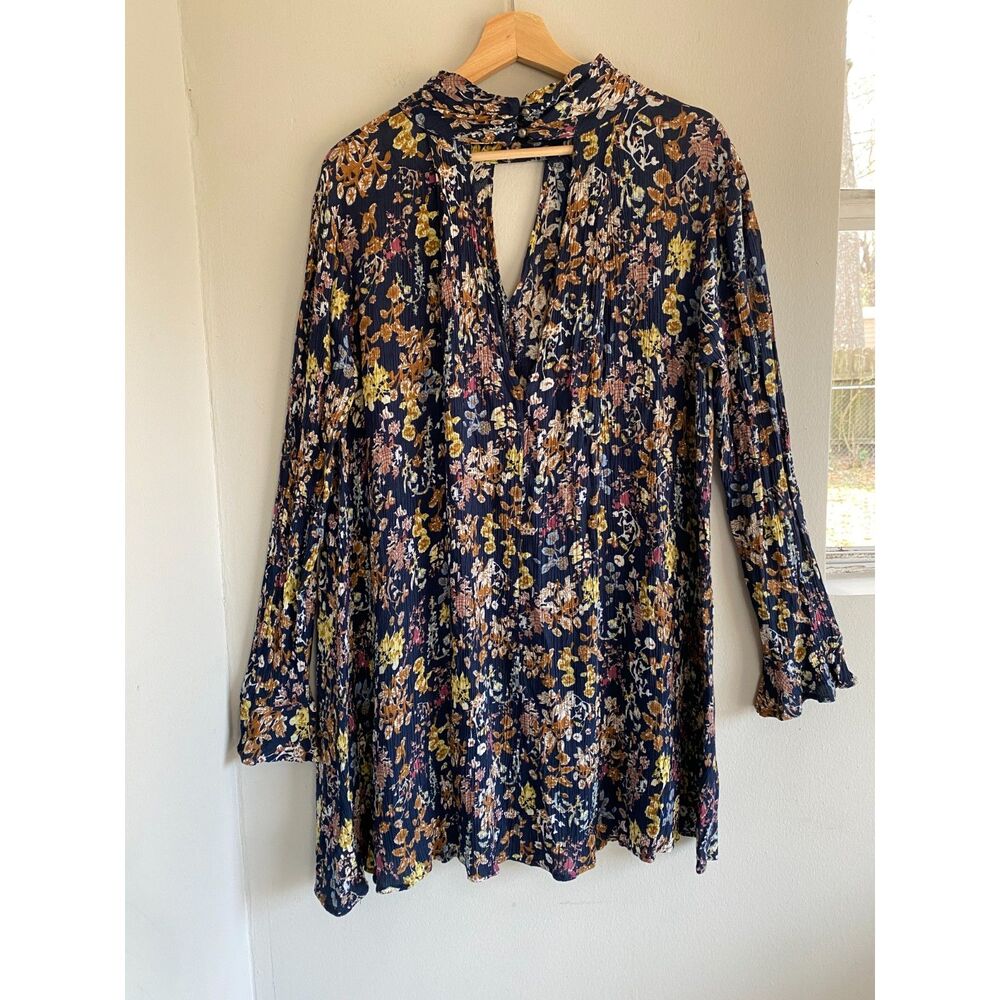 Umgee Navy Floral Flowy Dress Chest Keyhole with Bell-Style Sleeves-Large